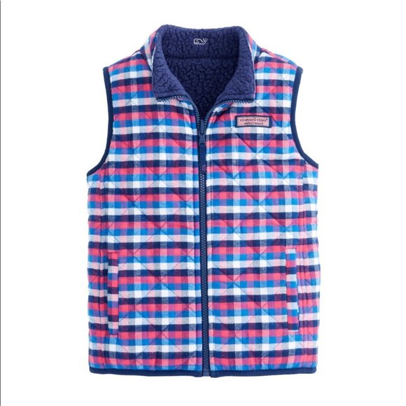Vineyard Vines Reversible Sherpa Plaid Vest Blue - Picture 2 of 14